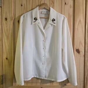 Vintage Feather Embroidered Collar Dressy Button Down Blouse